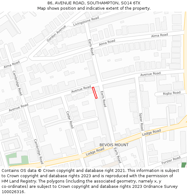 86, AVENUE ROAD, SOUTHAMPTON, SO14 6TX: Location map and indicative extent of plot