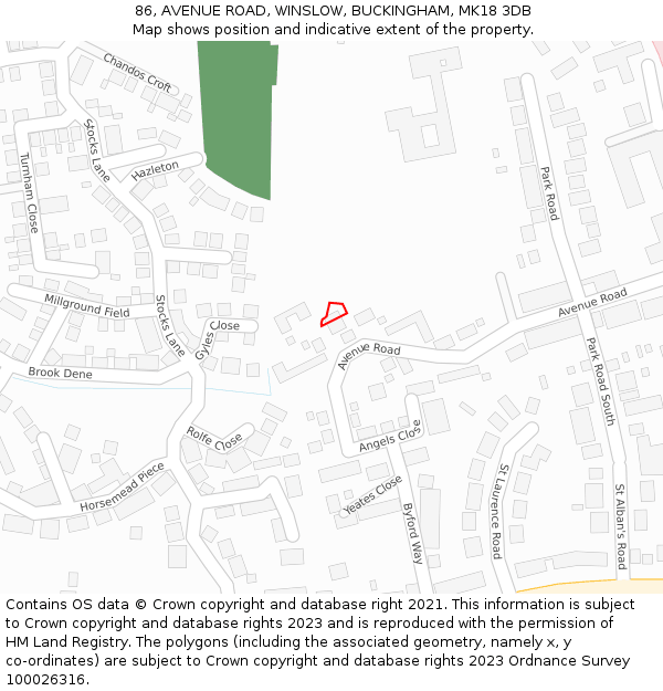 86, AVENUE ROAD, WINSLOW, BUCKINGHAM, MK18 3DB: Location map and indicative extent of plot