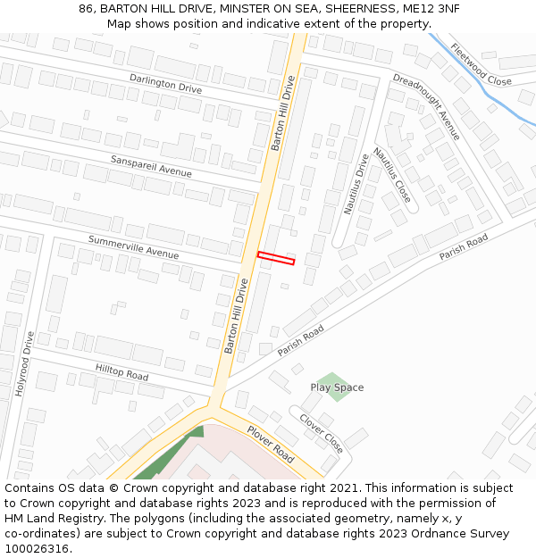 86, BARTON HILL DRIVE, MINSTER ON SEA, SHEERNESS, ME12 3NF: Location map and indicative extent of plot