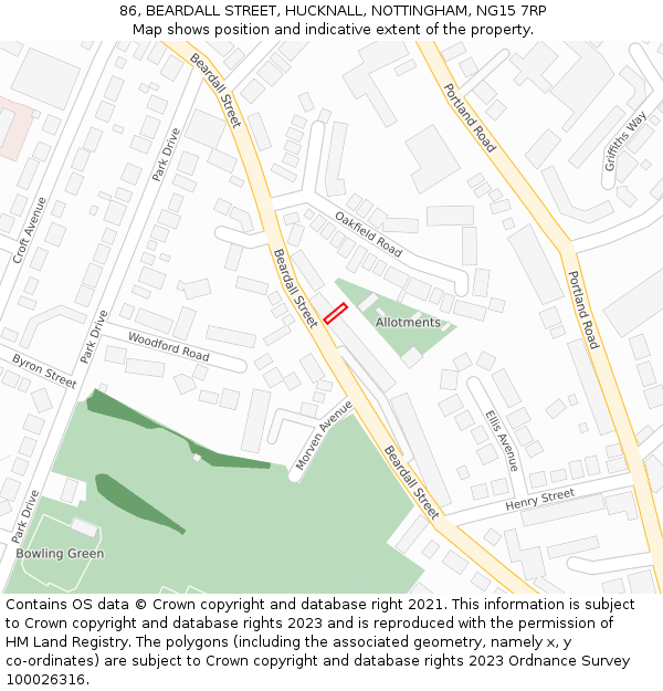 86, BEARDALL STREET, HUCKNALL, NOTTINGHAM, NG15 7RP: Location map and indicative extent of plot