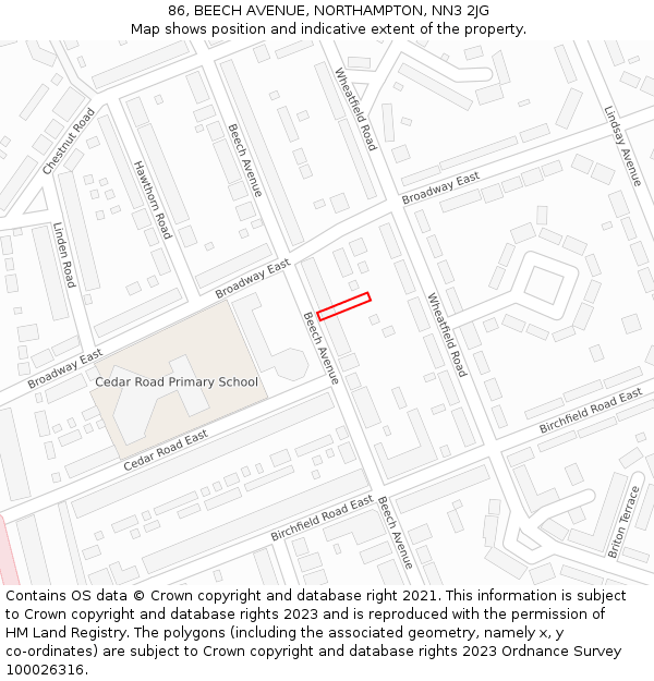 86, BEECH AVENUE, NORTHAMPTON, NN3 2JG: Location map and indicative extent of plot