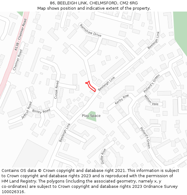86, BEELEIGH LINK, CHELMSFORD, CM2 6RG: Location map and indicative extent of plot