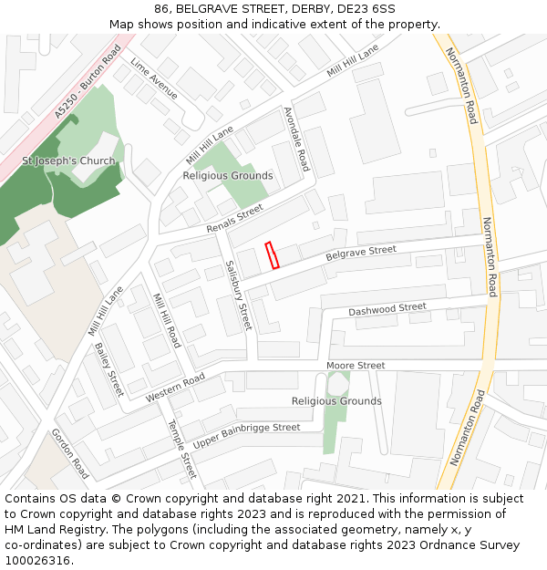 86, BELGRAVE STREET, DERBY, DE23 6SS: Location map and indicative extent of plot