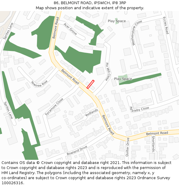 86, BELMONT ROAD, IPSWICH, IP8 3RP: Location map and indicative extent of plot