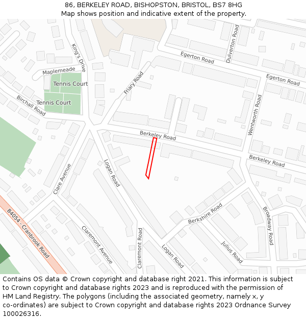 86, BERKELEY ROAD, BISHOPSTON, BRISTOL, BS7 8HG: Location map and indicative extent of plot