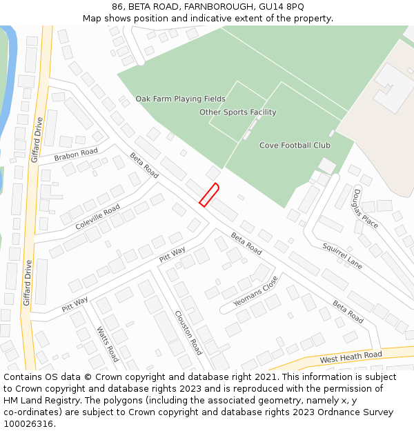 86, BETA ROAD, FARNBOROUGH, GU14 8PQ: Location map and indicative extent of plot