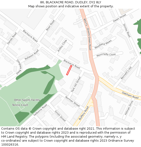 86, BLACKACRE ROAD, DUDLEY, DY2 8LY: Location map and indicative extent of plot