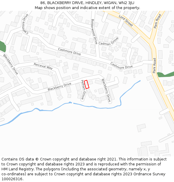 86, BLACKBERRY DRIVE, HINDLEY, WIGAN, WN2 3JU: Location map and indicative extent of plot