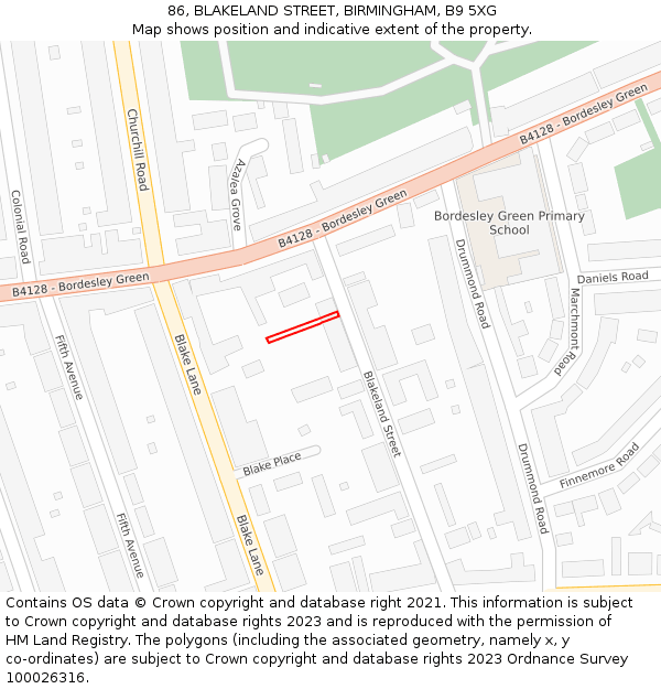 86, BLAKELAND STREET, BIRMINGHAM, B9 5XG: Location map and indicative extent of plot