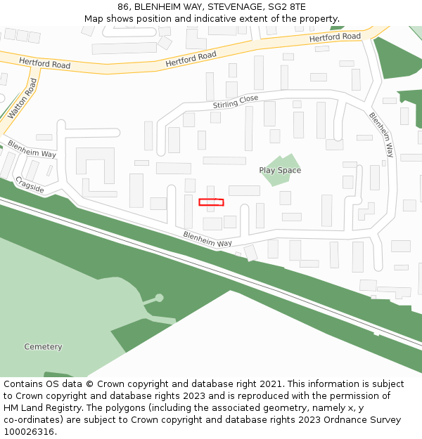 86, BLENHEIM WAY, STEVENAGE, SG2 8TE: Location map and indicative extent of plot