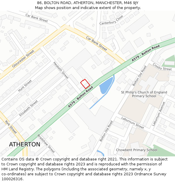 86, BOLTON ROAD, ATHERTON, MANCHESTER, M46 9JY: Location map and indicative extent of plot