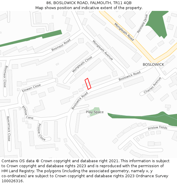 86, BOSLOWICK ROAD, FALMOUTH, TR11 4QB: Location map and indicative extent of plot