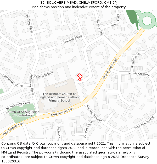 86, BOUCHERS MEAD, CHELMSFORD, CM1 6PJ: Location map and indicative extent of plot