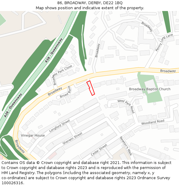 86, BROADWAY, DERBY, DE22 1BQ: Location map and indicative extent of plot