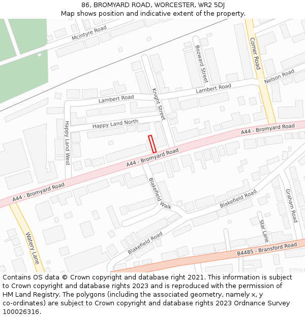 86, BROMYARD ROAD, WORCESTER, WR2 5DJ: Location map and indicative extent of plot
