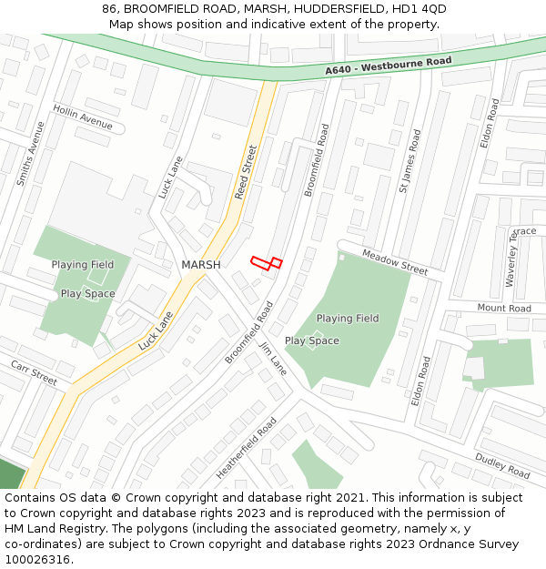 86, BROOMFIELD ROAD, MARSH, HUDDERSFIELD, HD1 4QD: Location map and indicative extent of plot