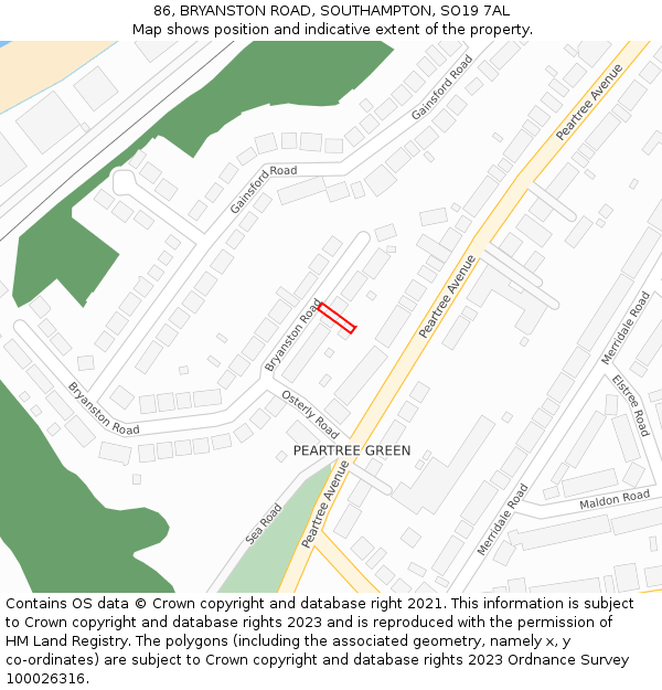 86, BRYANSTON ROAD, SOUTHAMPTON, SO19 7AL: Location map and indicative extent of plot