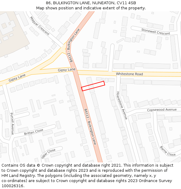 86, BULKINGTON LANE, NUNEATON, CV11 4SB: Location map and indicative extent of plot