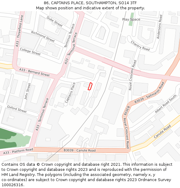 86, CAPTAINS PLACE, SOUTHAMPTON, SO14 3TF: Location map and indicative extent of plot
