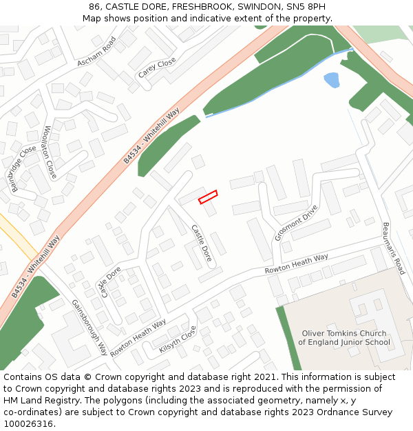 86, CASTLE DORE, FRESHBROOK, SWINDON, SN5 8PH: Location map and indicative extent of plot