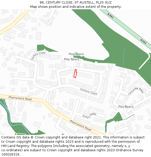 86, CENTURY CLOSE, ST AUSTELL, PL25 3UZ: Location map and indicative extent of plot