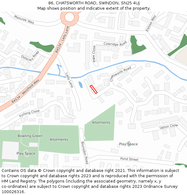 86, CHATSWORTH ROAD, SWINDON, SN25 4UJ: Location map and indicative extent of plot