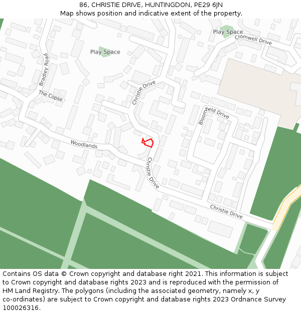 86, CHRISTIE DRIVE, HUNTINGDON, PE29 6JN: Location map and indicative extent of plot