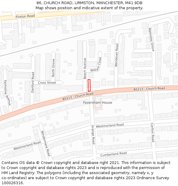 86, CHURCH ROAD, URMSTON, MANCHESTER, M41 9DB: Location map and indicative extent of plot