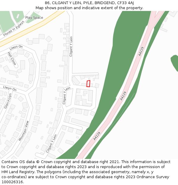 86, CILGANT Y LEIN, PYLE, BRIDGEND, CF33 4AJ: Location map and indicative extent of plot