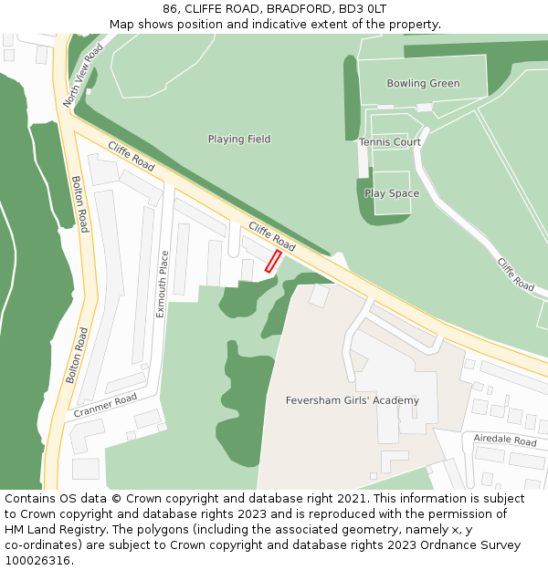 86, CLIFFE ROAD, BRADFORD, BD3 0LT: Location map and indicative extent of plot