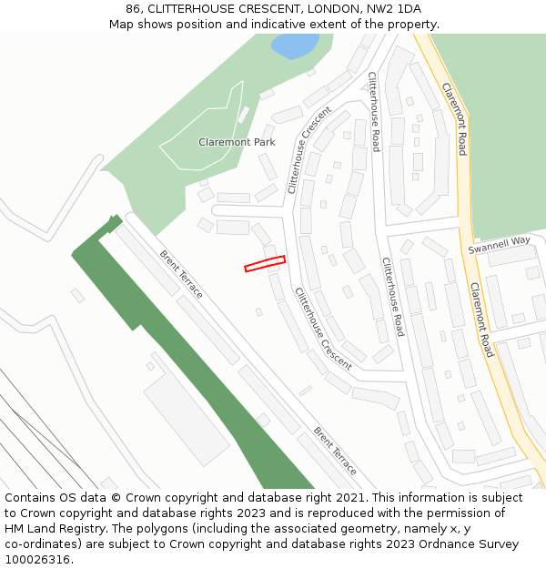 86, CLITTERHOUSE CRESCENT, LONDON, NW2 1DA: Location map and indicative extent of plot
