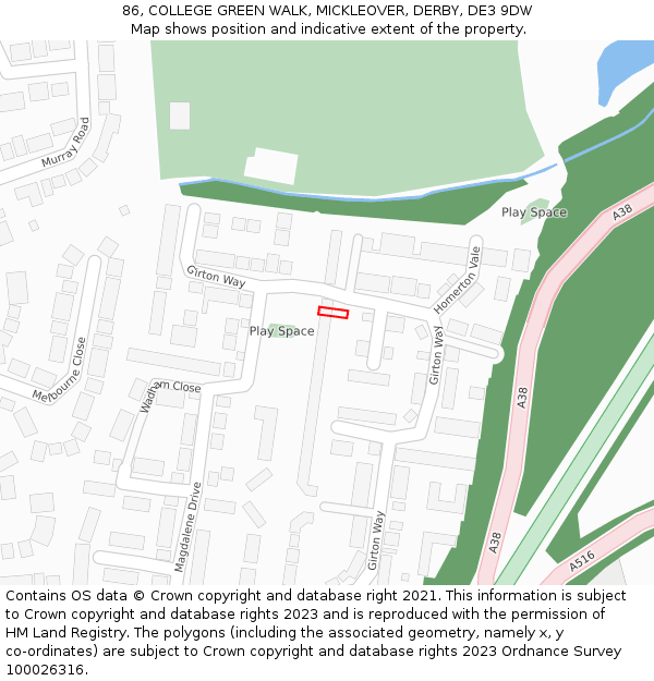 86, COLLEGE GREEN WALK, MICKLEOVER, DERBY, DE3 9DW: Location map and indicative extent of plot