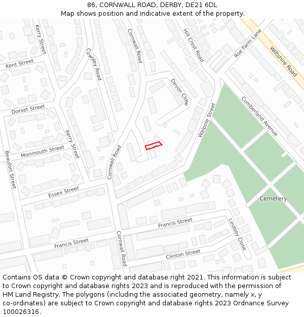 86, CORNWALL ROAD, DERBY, DE21 6DL: Location map and indicative extent of plot