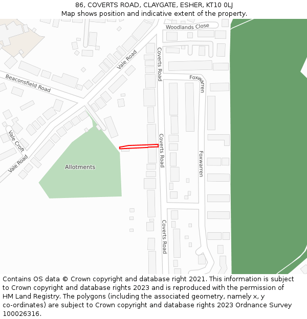86, COVERTS ROAD, CLAYGATE, ESHER, KT10 0LJ: Location map and indicative extent of plot