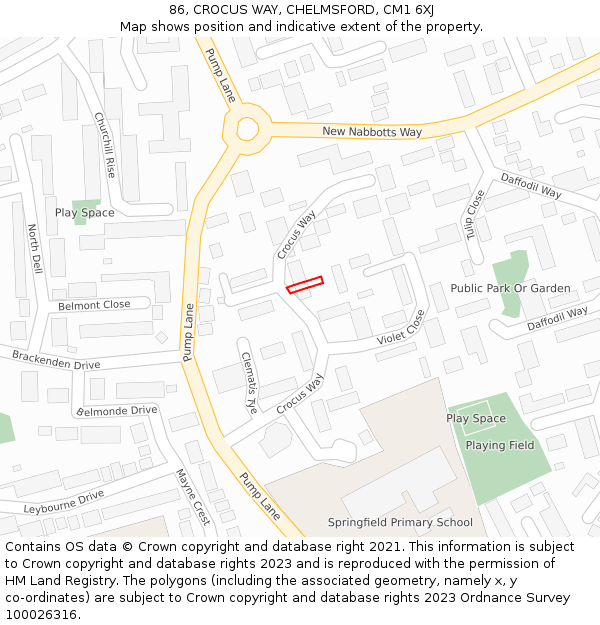86, CROCUS WAY, CHELMSFORD, CM1 6XJ: Location map and indicative extent of plot