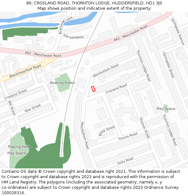 86, CROSLAND ROAD, THORNTON LODGE, HUDDERSFIELD, HD1 3JS: Location map and indicative extent of plot