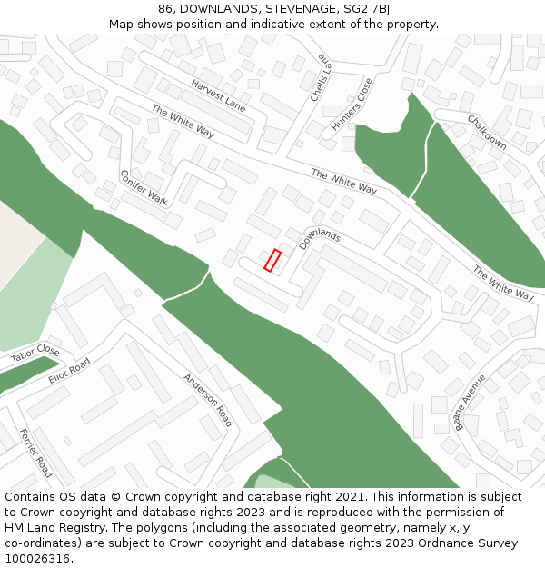 86, DOWNLANDS, STEVENAGE, SG2 7BJ: Location map and indicative extent of plot