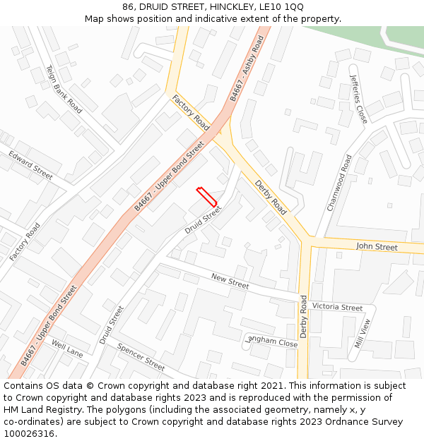 86, DRUID STREET, HINCKLEY, LE10 1QQ: Location map and indicative extent of plot