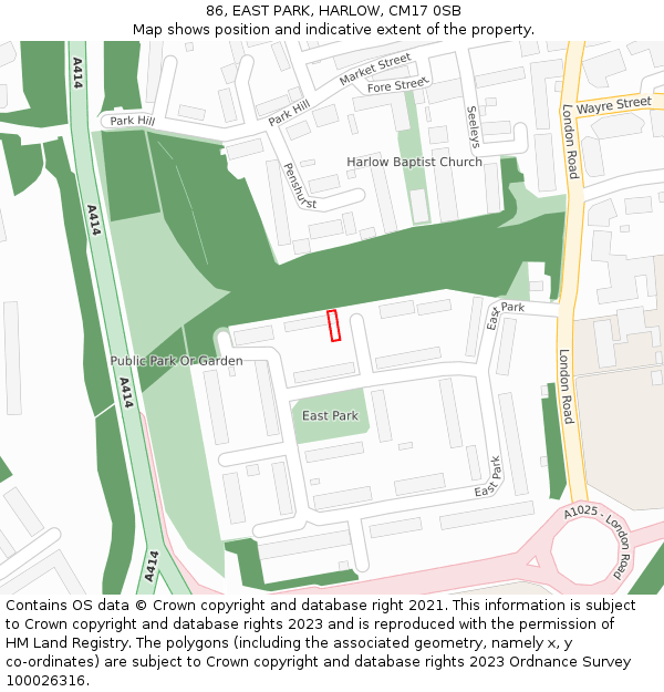 86, EAST PARK, HARLOW, CM17 0SB: Location map and indicative extent of plot