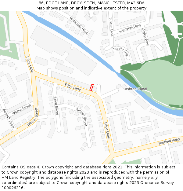 86, EDGE LANE, DROYLSDEN, MANCHESTER, M43 6BA: Location map and indicative extent of plot
