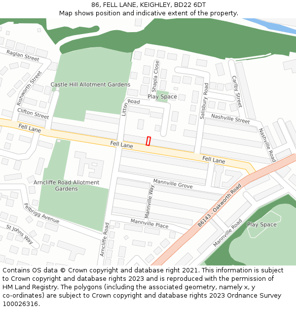 86, FELL LANE, KEIGHLEY, BD22 6DT: Location map and indicative extent of plot