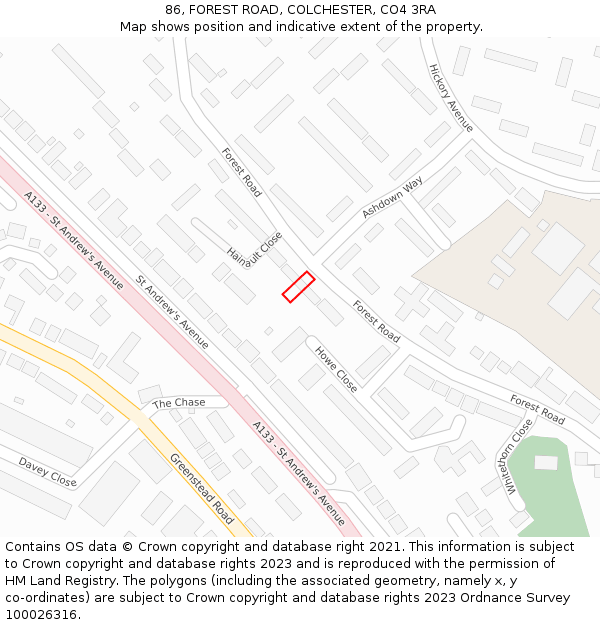 86, FOREST ROAD, COLCHESTER, CO4 3RA: Location map and indicative extent of plot