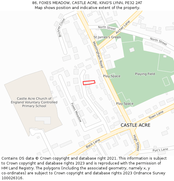 86, FOXES MEADOW, CASTLE ACRE, KING'S LYNN, PE32 2AT: Location map and indicative extent of plot