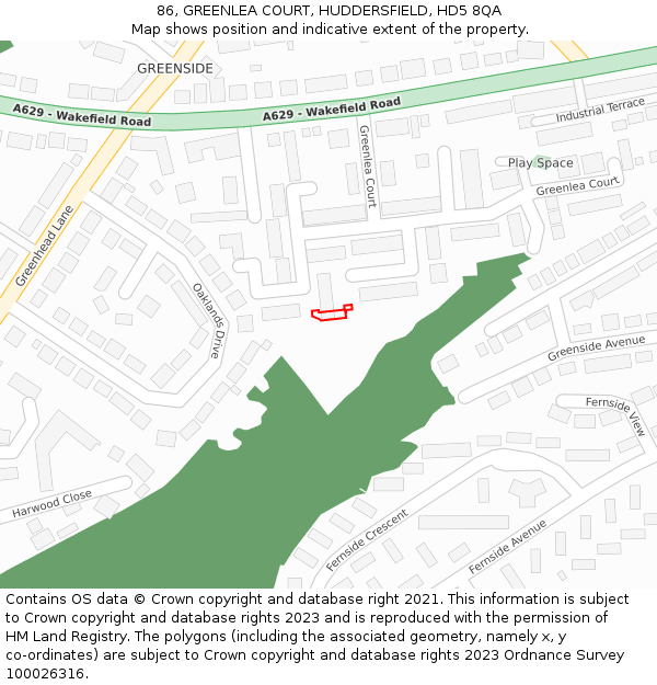 86, GREENLEA COURT, HUDDERSFIELD, HD5 8QA: Location map and indicative extent of plot