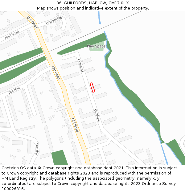 86, GUILFORDS, HARLOW, CM17 0HX: Location map and indicative extent of plot