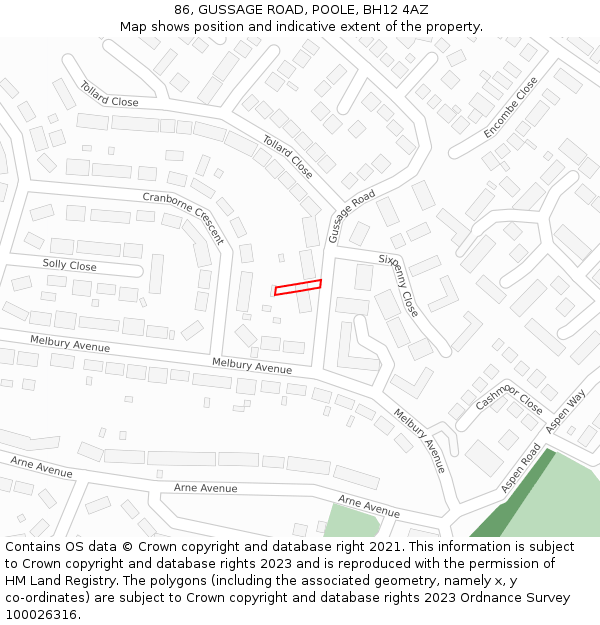 86, GUSSAGE ROAD, POOLE, BH12 4AZ: Location map and indicative extent of plot
