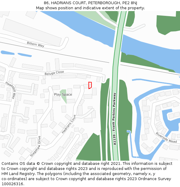 86, HADRIANS COURT, PETERBOROUGH, PE2 8NJ: Location map and indicative extent of plot