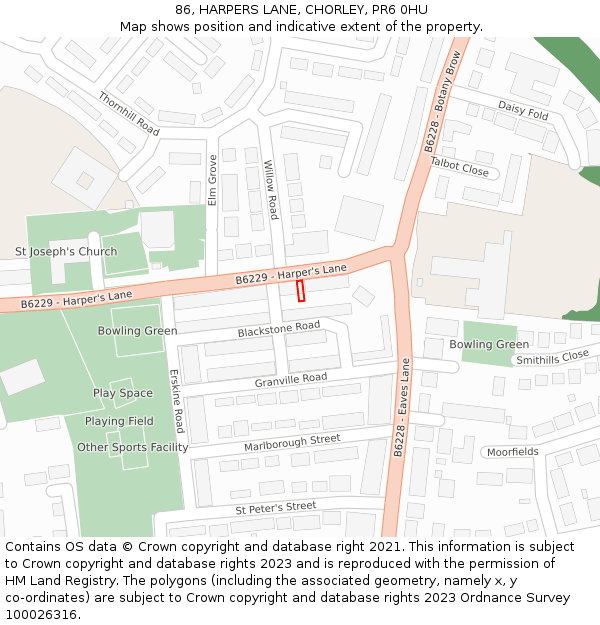 86, HARPERS LANE, CHORLEY, PR6 0HU: Location map and indicative extent of plot