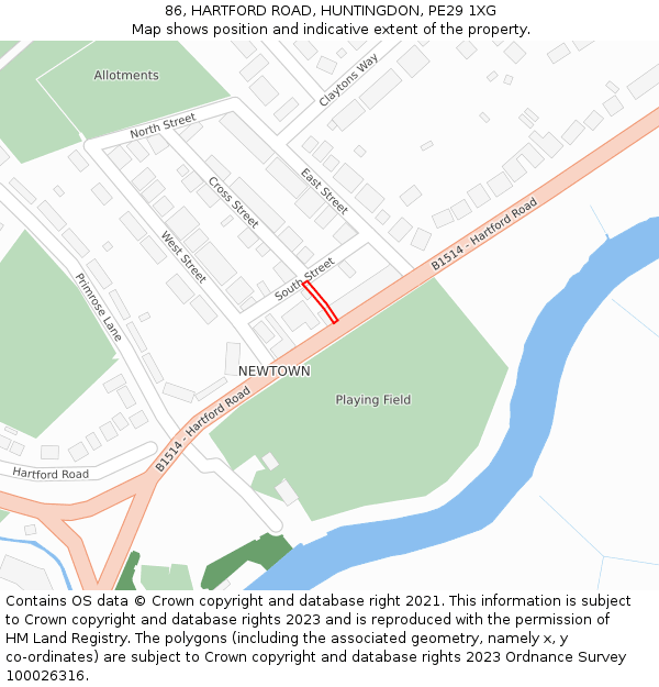 86, HARTFORD ROAD, HUNTINGDON, PE29 1XG: Location map and indicative extent of plot