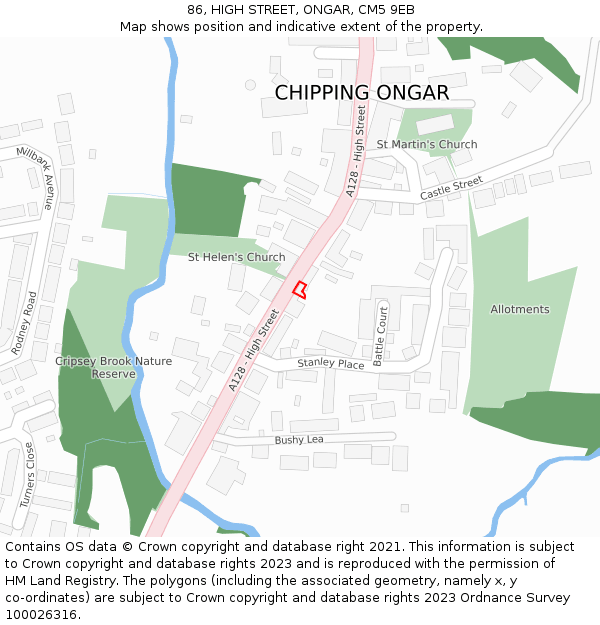 86, HIGH STREET, ONGAR, CM5 9EB: Location map and indicative extent of plot